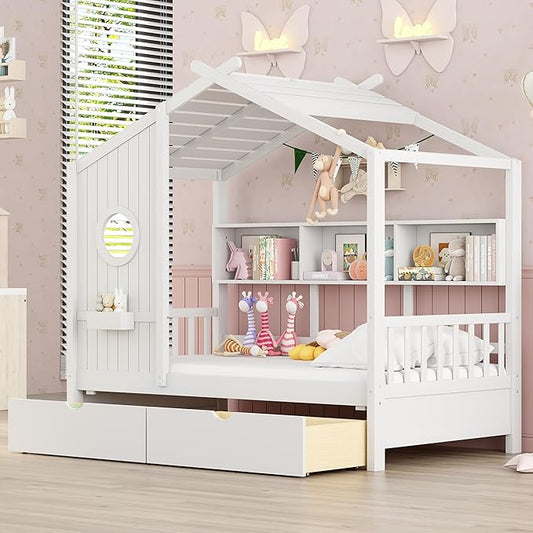 Twin Size House Bed with Storage Drawers,Kids House Bed Frame with Shelves,Cute Wood House Bed Twin with Roof for Kids,Girls,Boys,White
