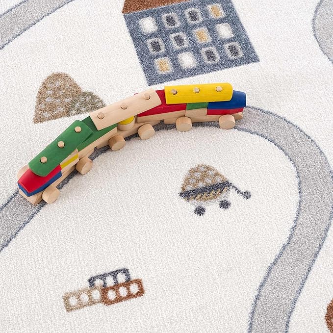 Hauteloom Olwen Kids Room, Nursery, Playroom Machine Washable Area Rug - Road, Construction Vehicles - Cream, Light Gray - 6'7" x 9'