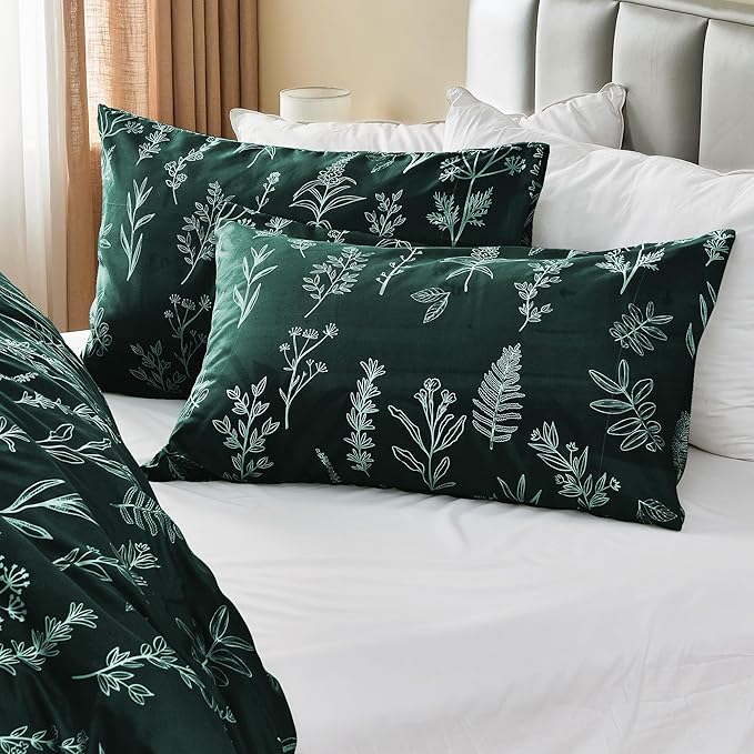 MUXHOMO Duvet Cover King Size, Reversible Floral Forest Green Duvet Cover Set with Zipper Closure, 3 Pieces Botanical Patterns Soft Microfiber Bedding Set with 4 Ties (90"x104", 2 Pillow Cases)