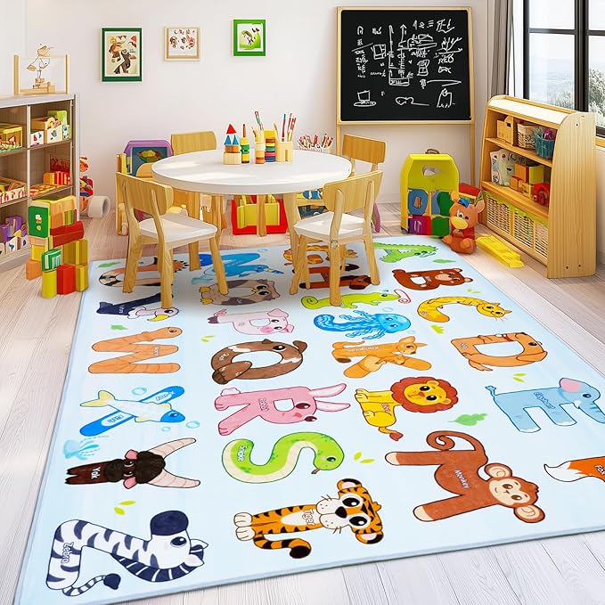 Kids Rugs for Playroom, 8x10 Feet Educational Rug for Learn The ABC Alphabet, Soft Machine Washable Non-Slip Cute Animal Carpet for Classroom Toddler Nursery Kids Room Decor Mat, Blue