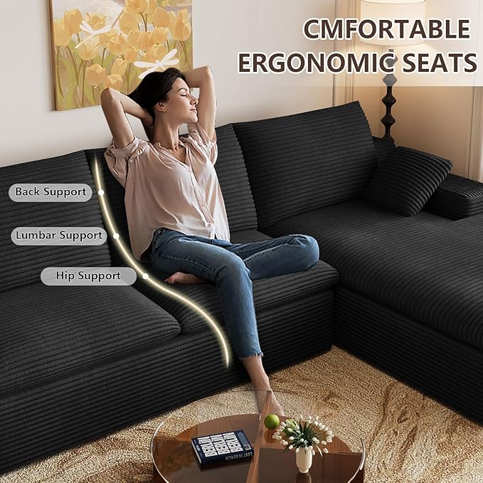 Cloud Sectional Couch,107 Inch Modular Sectional Sofa with Deep Seat, Modern Corduroy Boneless Couches with L-Shape Chaise for Living Room Bedroom, No Assembly Required (Black, Right Facing Chaise)