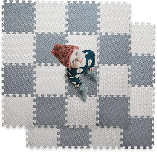 16 Tiles Foam Play Mat for Baby, Soft & Safe EVA Foam Mats for Floor, Square Baby Play Mat, Solid Colored Kids Foam Puzzle Floor Mat, 47x47 Play Mat for Playpen(Whit/Gray)