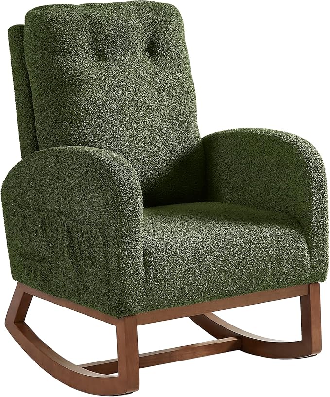 ONBRILL Rocking Chair Nursery, Rocking Chairs with Solid Wood Legs, Teddy Fabric, Glider Chair with Upholstered High Backrest, Nursery Chair for Living Room, Baby Room, Bedroom (Green)