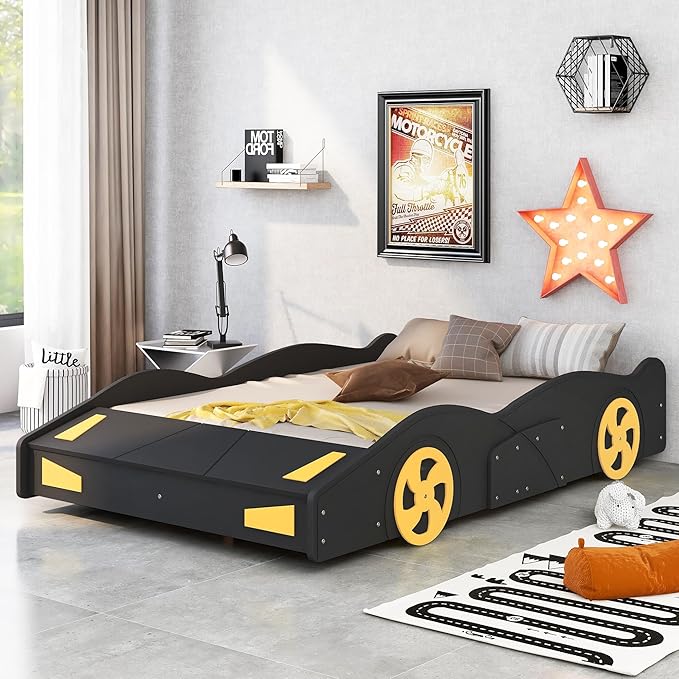 Full Size Car Bed with Storage, Race Car Shaped Bed with Wheels, Wood Car Floor Bed Frame for Teens, Wooden Slats Support, Easy Assembly, Black and Yellow