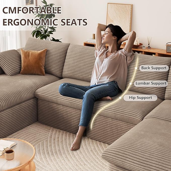 136" Cloud Modular Sectional Sofa with 1 Ottoman, Modern Upholstered Corduroy Couches, Deep Seat Boneless Couch, Comfort U Shaped Sofa for Living Room, No Assembly Required(Camel,Left Facing Chaise)