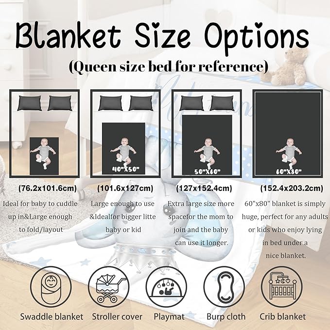 J&SBGFT Personalized Baby Blanket for Boys,Custom with Name, Customized Name Receiving Blankets Toddlers Kids Nursery Stroller Crib Decor Throw 30/''x40/'',Color9, 09-blue Elephant King