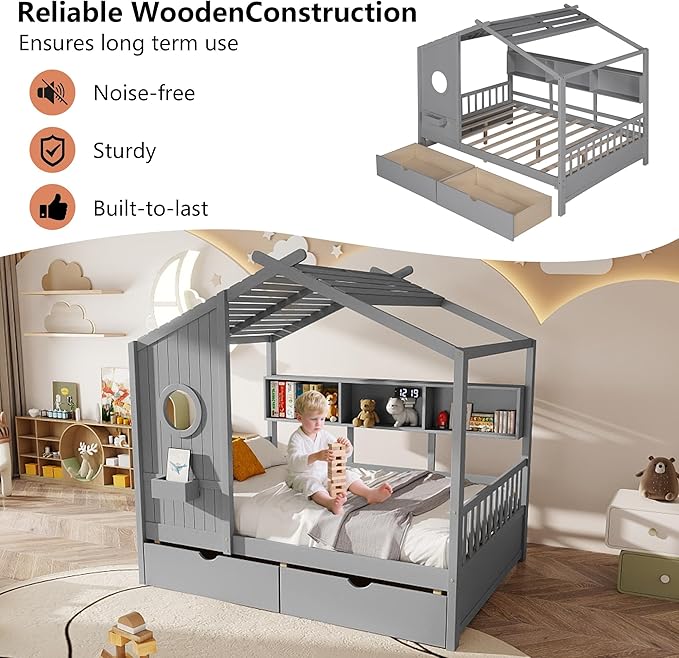 Aoowow Full Size House Bed with Storage Shelves and Drawers, Wood Platform Kids House Bed with Window and Roof for Bedroom, Full Playhouse Bed Frames for Boys Girls, Can be Decorated, Grey
