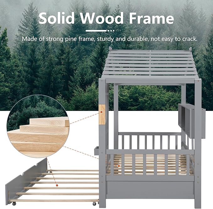 Twin Bed Frames for Kids, House Bed with Trundle and Shelves, Wood Playhouse Platform Bed Frame with Window and Fence for Boys Girls, Gray, 74.4" L x 42.7" W x 72" H