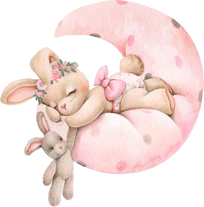 Pink Bunny Nursery Wall Decals-Baby Girl Room Rabbit Wall Decor, Animal Stickers for Kids Playroom, Toddler Bedroom and Nursery Decoration, Removable Vinyl Decals, Peel and Stick Easy to Apply.