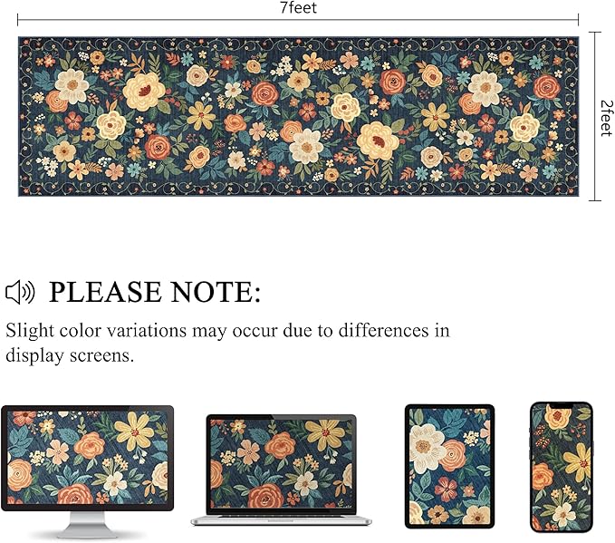 DUKINO Runner Rug, 2x7 Boho Kitchen Rug for Hallways with Low Pile Design, Washable Non Slip Backing Soft Floral Runner for Kitchen, Hallway, Entryway, Bedroom, Laundry, Navy Blue