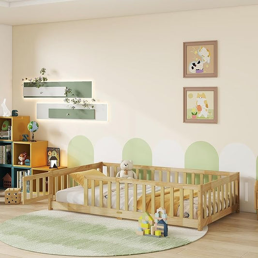 Twin Size Floor Bed for Kids, Wood Montessori Floor Beds with Fence Railings, Door & Slats Support, Twin Playhouse Bed Frame for Boys Girls, No Box Spring Needed, Natural