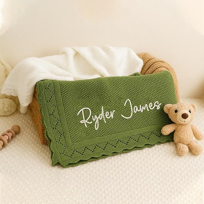 Luxury Personalized Baby Blanket, Soft Breathable Cotton Knit, Custom Embroidered Name Blanket, Newborn Baby Gift, Baby Shower Present, Gifts for New Mom, Baby Girl & Boy Style 1