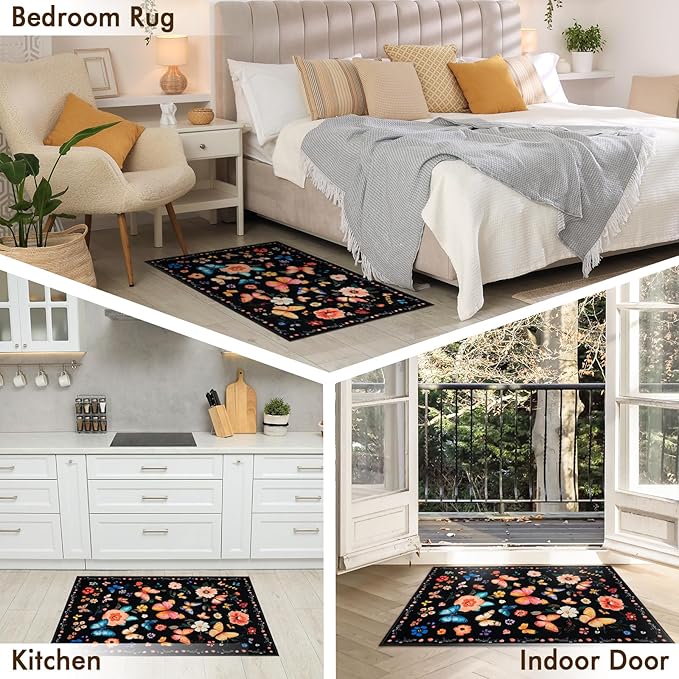 2x3 Machine Washable Area Rug, Non-Slip Small Vintage Floral Entryway Rug for Front Door, Low Pile Indoor Door Mat for Entryway, Bedroom, Dining Room & Kitchen(2x3 Black Floral)