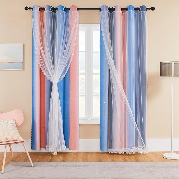 XiDi Blackout Curtains for Girls Bedroom Decor 2 Panels Set, Rainbow Star Design Ideal Drapes for Kids Room with Unicorn Theme Princess Room Decor 54 Inches Length Pink/Grey/Blue 34x54