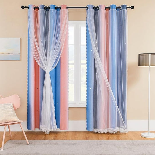 XiDi 90 Inches Curtains for Girls Bedroom 2 Panels Set, Blackout Rainbow Curtains for Kids Room Decor, Unicorn Wall Decals Drapes for Little Girl Nursery Room Pink/Grey/Blue 34 Inches Wide