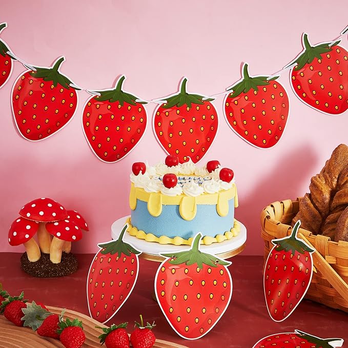 Lewtemi 4 Pcs Berry First Birthday Decor Strawberry Baby Shower Decorations Hanging Banner Berry Garland for Strawberry Themed Party Favors Supplies(Red)