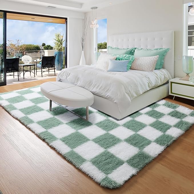 KICMOR 4x6 Rug for Bedroom Living Room, Fluffy Sage Green and White Checkered Area Rugs, Fuzzy Shag Shaggy Floor Carpet Soft Plush Checkerboard Rug for Children Kids Boys Room, Nursery, Classroom