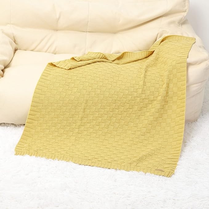 LAWKUL Baby Blankets Knit Cable Babe Blanket Soft Airy Newborn Infant Receiving Swaddle Yellow Neutral Crib Stroller 40"x30"