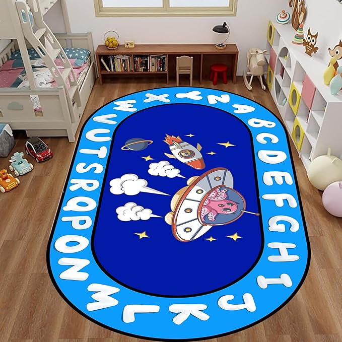 ABC Rug for Kids 5x6ft - Space Adventure Educational Play Mat with Planets & Rockets, Non-Slip Washable Carpet, Oval Learning Rug for Playroom, Classroom, Nursery