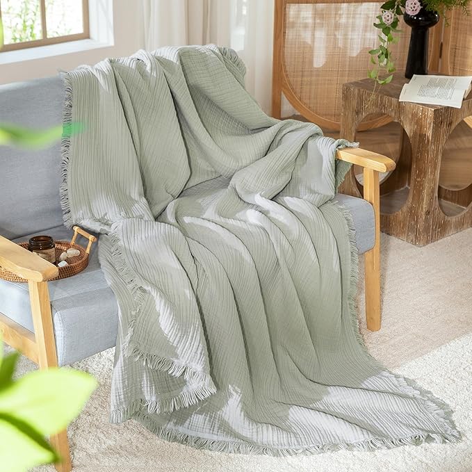 MooMee Muslin Blanket - 100% Cotton 4-Layer Gauze Throw Blanket with All-Around Fringe Ultra-Soft Breathable Lightweight Cooling for Bed Couch (Sage Green,Throw XL 50" x 70")