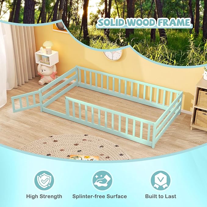 Giantex Twin Floor Bed with Door & Fence, Kids Wood Montessori Beds with Safety Guardrails, Floor Bed Twin for Kids, Boys, Girls, No Box Spring Needed, Mint Sky