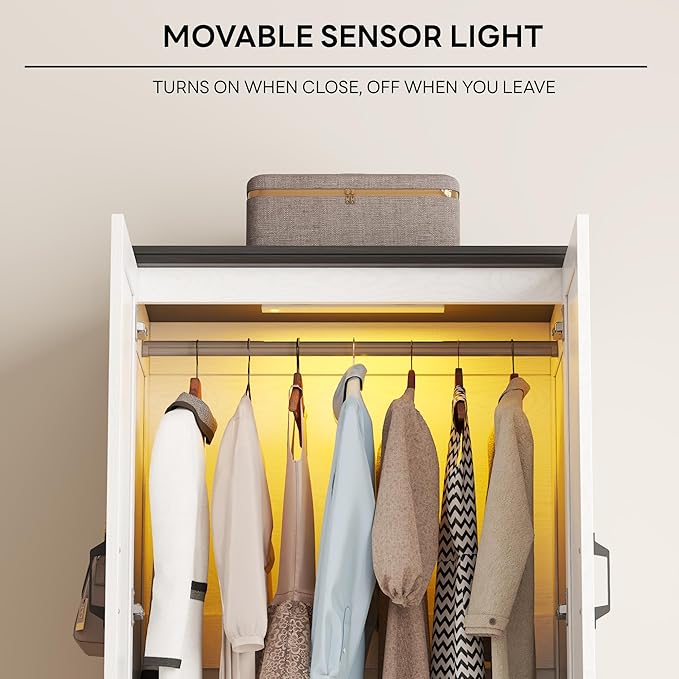 LIKIMIO Armoire Wardrobe Closet 70.9" H, Bedroom Wooden Wardrobe with 2 Doors, 2 Drawers and Sensor Light, Clothing Storage Cabinet Organizer Combination with Hanging Rod, Hooks, White