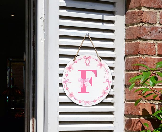 Monogram Round Sign For Front Door, Cherry Bow Theme Sign For Porch Art Wall Door, Initial Signs Hanging Ornament For Indoor Outdoor, Decorations Gifts For Four Seasons Rustic Home Kitchen, F, A06