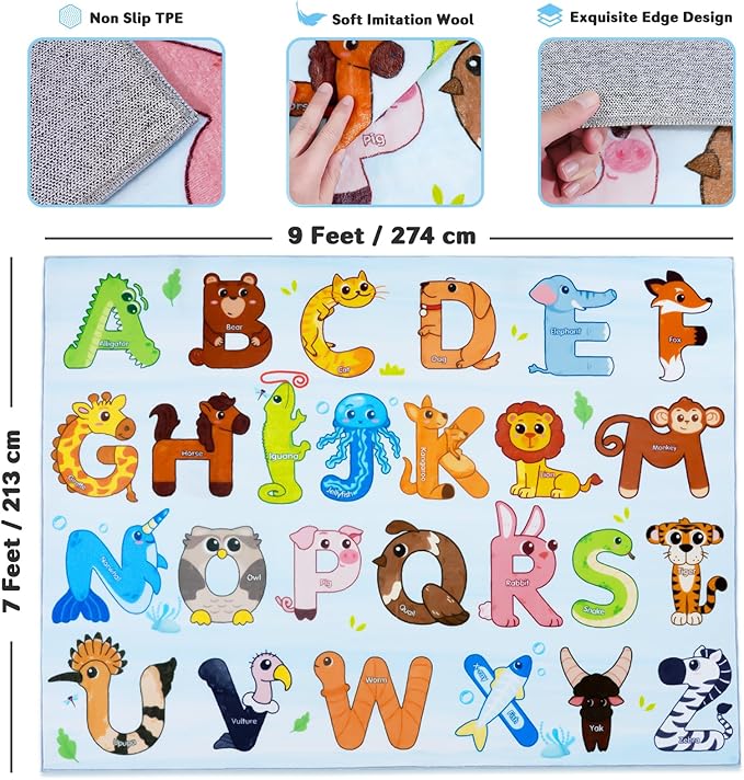 Kids Rugs for Playroom, 7x9 Feet Educational Rug for Learn The ABC Alphabet, Soft Machine Washable Non-Slip Cute Animal Carpet for Classroom Toddler Nursery Kids Room Decor Mat, Blue