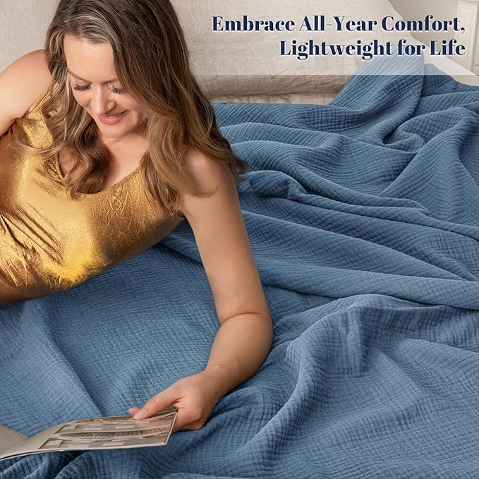 PHF 100% Cotton Muslin Throw XL Blanket Large 50" x 70", 4-Layer Lightweight Gauze Throw, Breathable Cloud-Soft Minimalist Blanket for Bed, Couch, Camping & Baby, Denim Blue, Ideal Gift