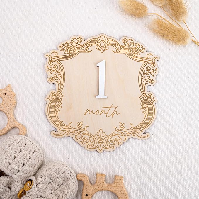 Vintage Wooden Baby Monthly Milestone Set, Elegant Engraved Frame with 3D Numbers and Month Months Signs, Newborn Photo Prop for Baby Monthly Pictures
