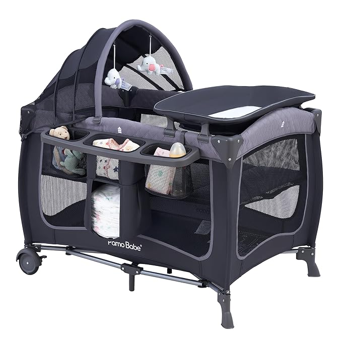 Pamo Babe Baby Playard with Canopy, Portable Crib with Changing Table