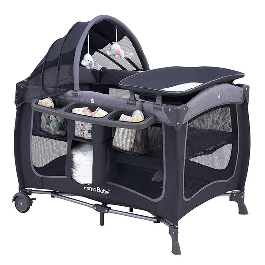 Pamo Babe Baby Playard with Canopy, Portable Crib with Changing Table