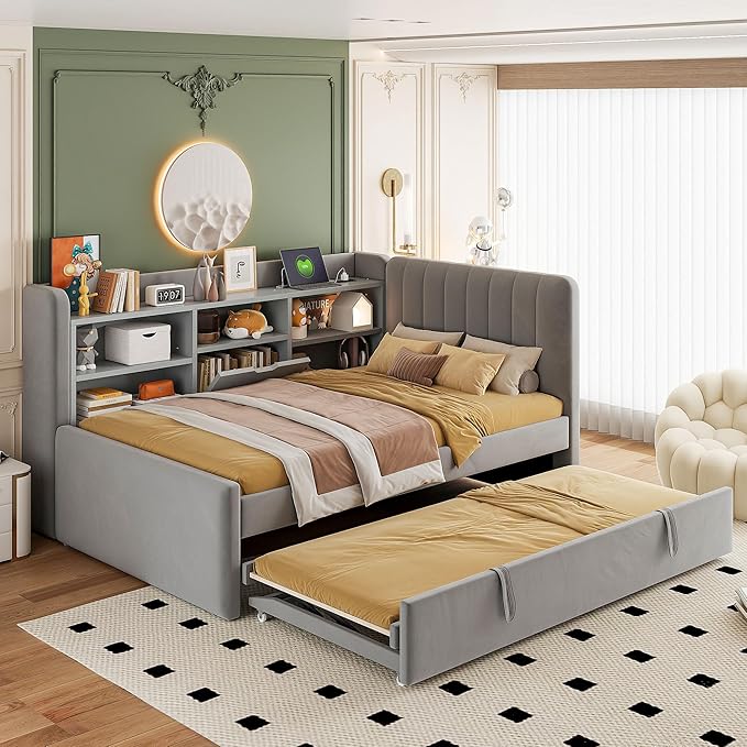 Twin Size Daybed with Trundle and Storage L-Shaped Bookshelf Headboard, Velvet Upholstered Soft Corner Bed with Charging Station and Shelves for Kids Boys Girls, Gray