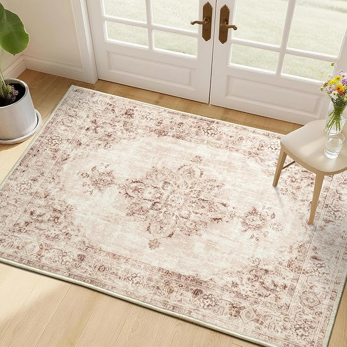 Area Rug 2x3, Washable Rug for Entryway Indoor, Small Area Rug for Living Room Entrance, Vintage Rug for Bedroom Doormat, Non Slip Soft Low Pile Carpet for Kitchen, Hallway, Office, Beige