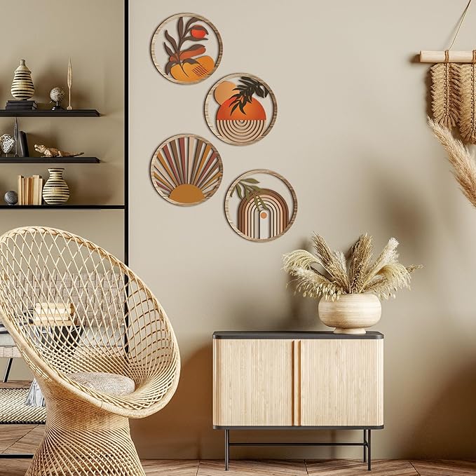 Qunclay 4 Pieces Boho Wall Art Wooden Round Wall Decor Hollow-out Hanging Art Nursery Decor Farmhouse Geometric Hanging 10 Inch Aesthetic Wood Minimalist for Apartment Bedroom Bathroom Gift(Stylish)