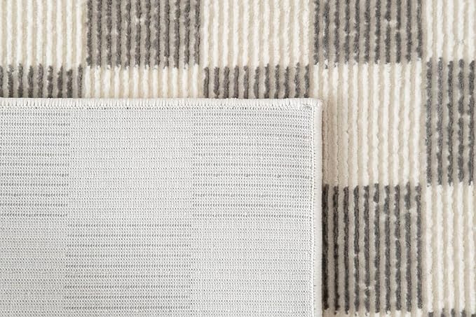 Revival Rugs Gambit 6'7"x9' Checkered Rug Washable Area Rug for Living Room Bedroom - 100% Recycled Oeko-TEX Certified, Medium Pile, Gray, Beige