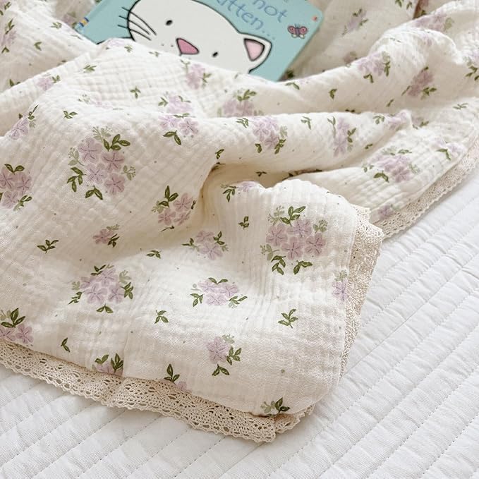 BuLuTu Purple Flower Baby Quilts for Kids Muslin Comforter Large Thin Summer Quilt for Crib/Cradle/Cot, Floral Muslin Toddler Blanket Purple Perilla Pattern, 60x78 Inch