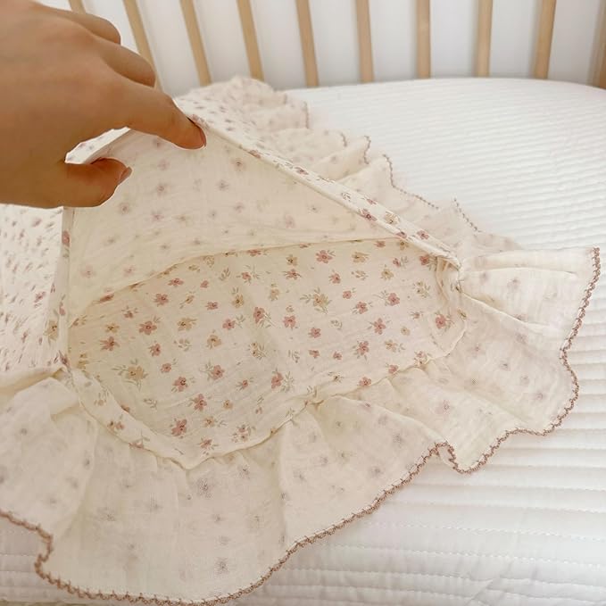 BuLuTu Pink Floral Pillowcases King Bed Pillow Case with Ruffles 20x36 Inch, 1 Pack, Double-Layer Muslin Cotton Pillow Cover, Enveloped Closure, Soft Breathable Durable