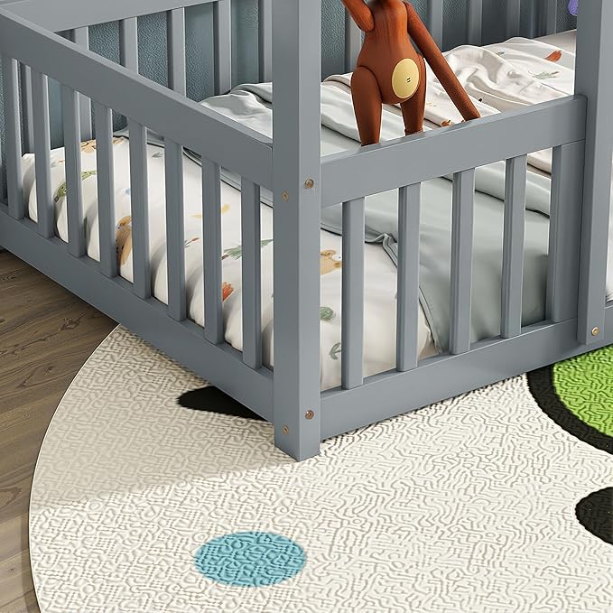 Casaphoria Twin Size House-Shaped Montessori Bedframe, Solid Pine Wood Kids Bed Frame, Toddler Floor Bed with Door & Fence for 1-3 Years Old Kids, Grey