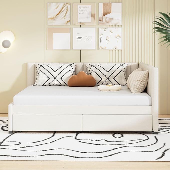 Harper & Bright Designs Full Size Upholstered Daybed with 2 Storage Drawers Sofa Bed Frame for Boys Girls Kids Adults Toddler No Box Spring Needed, Linen Fabric (Beige)