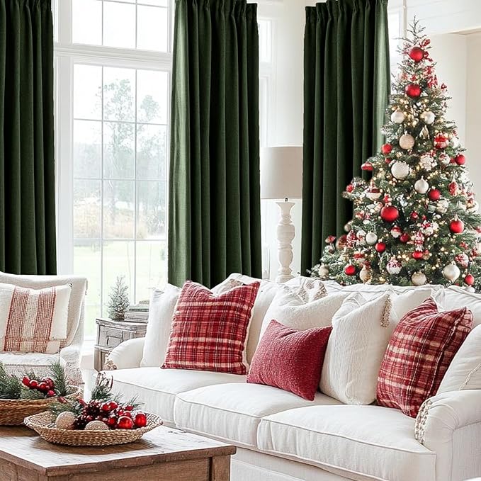 IVAPUPU Linen Pinch Pleated 100% Blackout Curtains for Bedroom - 2 Pages Black Out Green Curtains 108 Inch Long 2 Panel for Living Room Darkening Thermal Window Curtain Drapes with 16pc Hooks