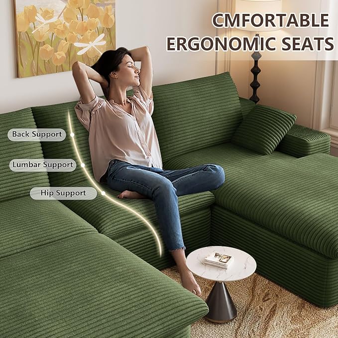 107" Cloud Modular Sectional Sofa with 1 Ottoman, Deep Seat Boneless Couch, Modern Upholstered Corduroy Couches, Comfort U Shaped Sofa for Living Room, No Assembly Required(Green,Right Facing Chaise)