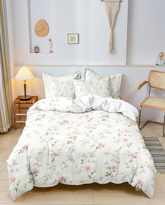 Floral Duvet Cover Twin Girl Pink Flower Teenage Girls Duvet Cover Set with Zipper Ties, Easy Care, Ultra Soft and Breathable-Twin Size
