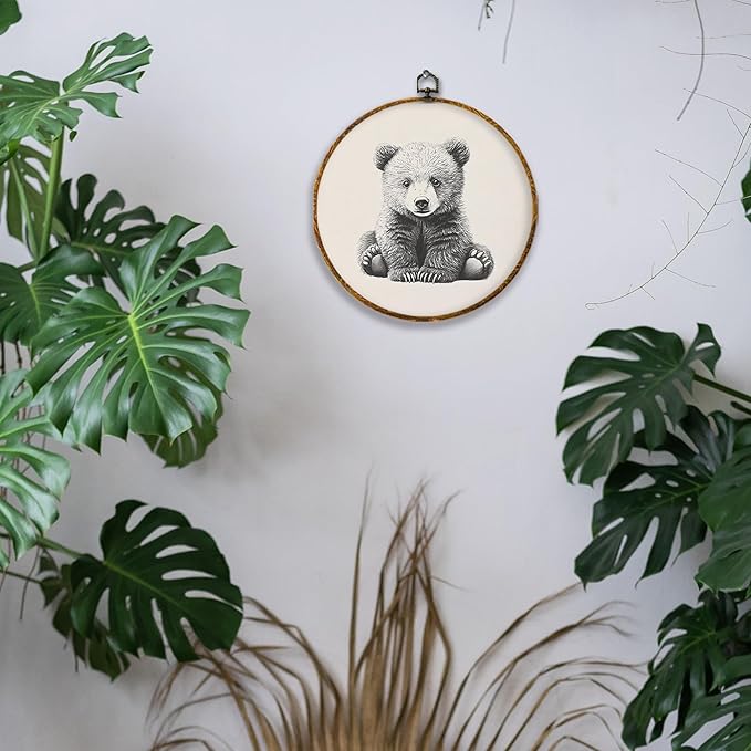 Hiuwevt Vintage Bear Round Wall Art Decor, Cottagecore Neutral Bear Framed Canvas Prints, Retro Forest Wild Animal Round Wall Hanging Decor for Home Nursery Kids Bedroom Decorations, 10x10 Inches