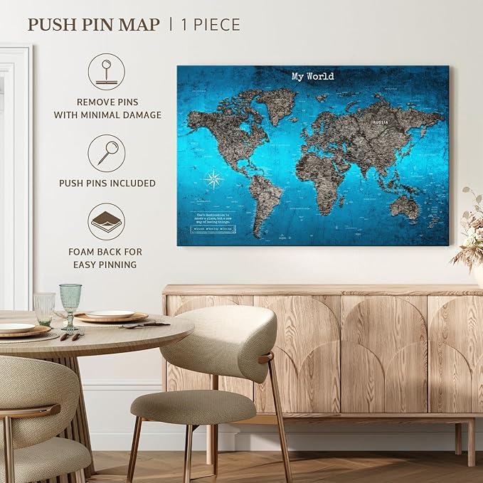 ElephantStock - My World Push Pin Travel Map Iii Wall Art - Horizontal Canvas Wall Art - Living Room Wall Decor - Digital Art Map Canvas Art - Turquoise And Blue Decor - 30" x 20"