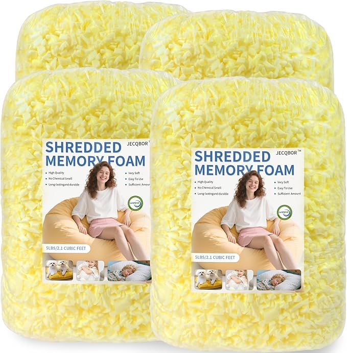 Jecqbor Bean Bag Filler: High-Density Ergonomic 20lbs Shredded Memory Foam Filling with Vacuum-Packed DIY Stuffing for Dog Beds, Punching Pillows & Kids Bean Bag Chair Refills