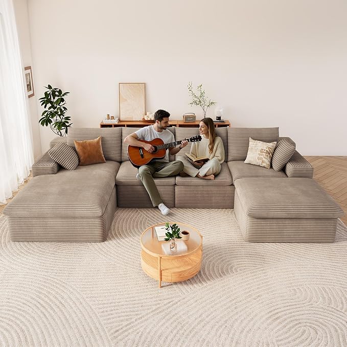 136" Cloud Modular Sectional Sofa with 1 Ottoman, Modern Upholstered Corduroy Couches, Deep Seat Boneless Couch, Comfort U Shaped Sofa for Living Room, No Assembly Required(Camel,Left Facing Chaise)