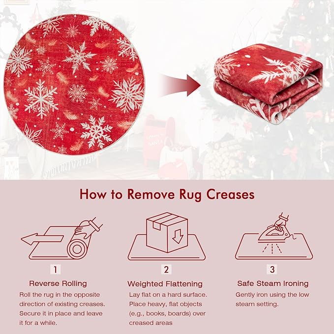 6' Machine Washable Christmas Round Area Rug, Non-Slip Vintage Floral Circle Floor Rugs for Kids, Low Pile Room Carpet for Living Room, Bedroom, Dining Room & Nursery(6' Snowflake)