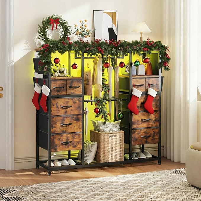 51.2" H Dresser with Hanging Rack, 10 Drawers Dresser for Bedroom, Fabric Chest of Drawers with LED Lights & Charging Station, Wooden Top & Sturdy Frame, Brown