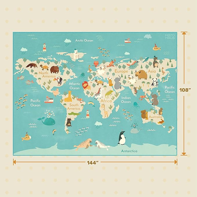 Huge Kids Rugs for Playroom Décor - 9x12 Boho Pastel Classroom Décor for Children Play, Washable Ultra Soft World Map Carpet with Blue Ocean, Continents & Cute Animals